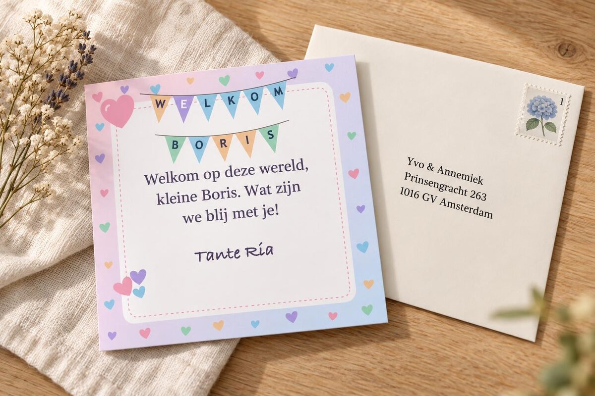 Een felicitatiekaart van het prikbord, gedrukt, met de envelop waarin hij bij je bezorgd wordt
