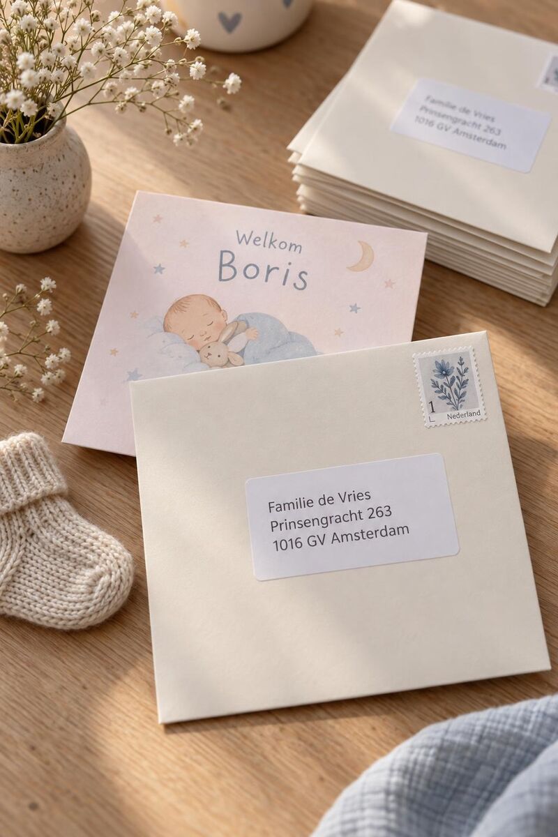 Een geboortekaartje met een vierkante envelop, geadresseerd met een adresetiket en een postzegel
