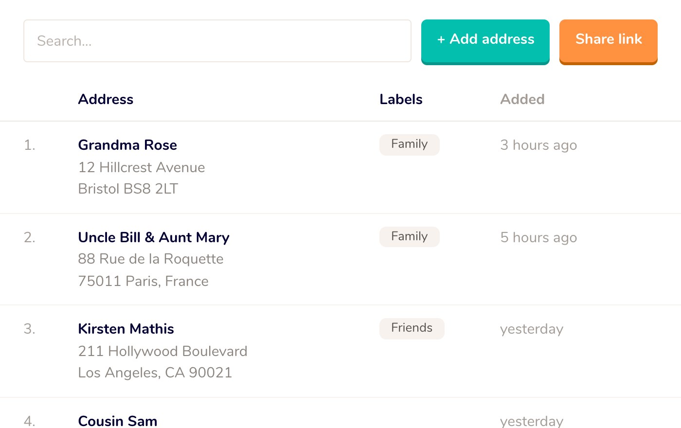 A Mailbook address book with the addresses friends and family filled in