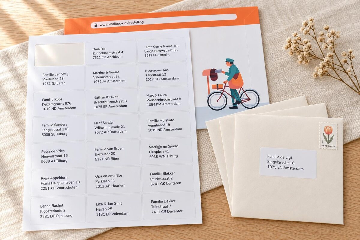 Een vel met 21 adresetiketten op de envelop waarin Mailbook ze thuisbezorgt, met ernaast enveloppen waar het etiket al op zit