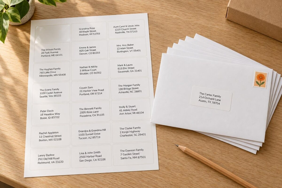 A sheet of 21 address labels next to a stack of envelopes, the top one with its label and stamp