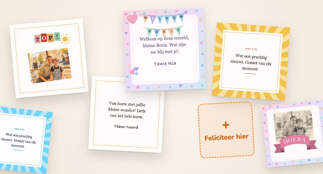Een prikbord vol felicitatiekaartjes van vrienden en familie