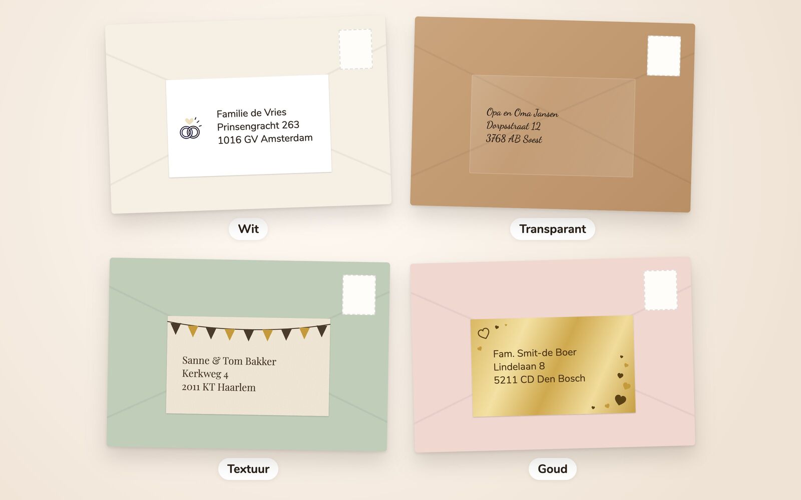 Vier enveloppen met een adresetiket van Mailbook: wit, transparant, textuur en goud
